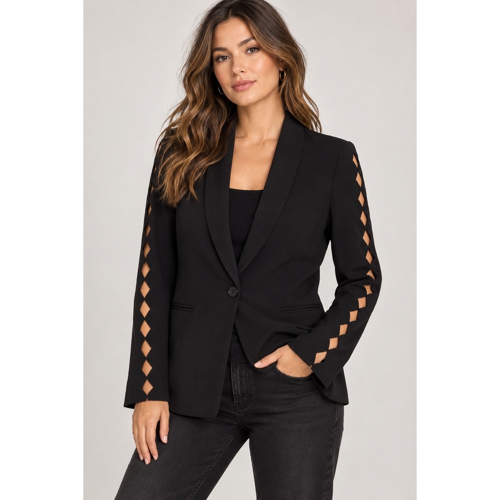 T Tahari Laser Cut Sleeve Blazer Womens 10 Black Career Professional Office